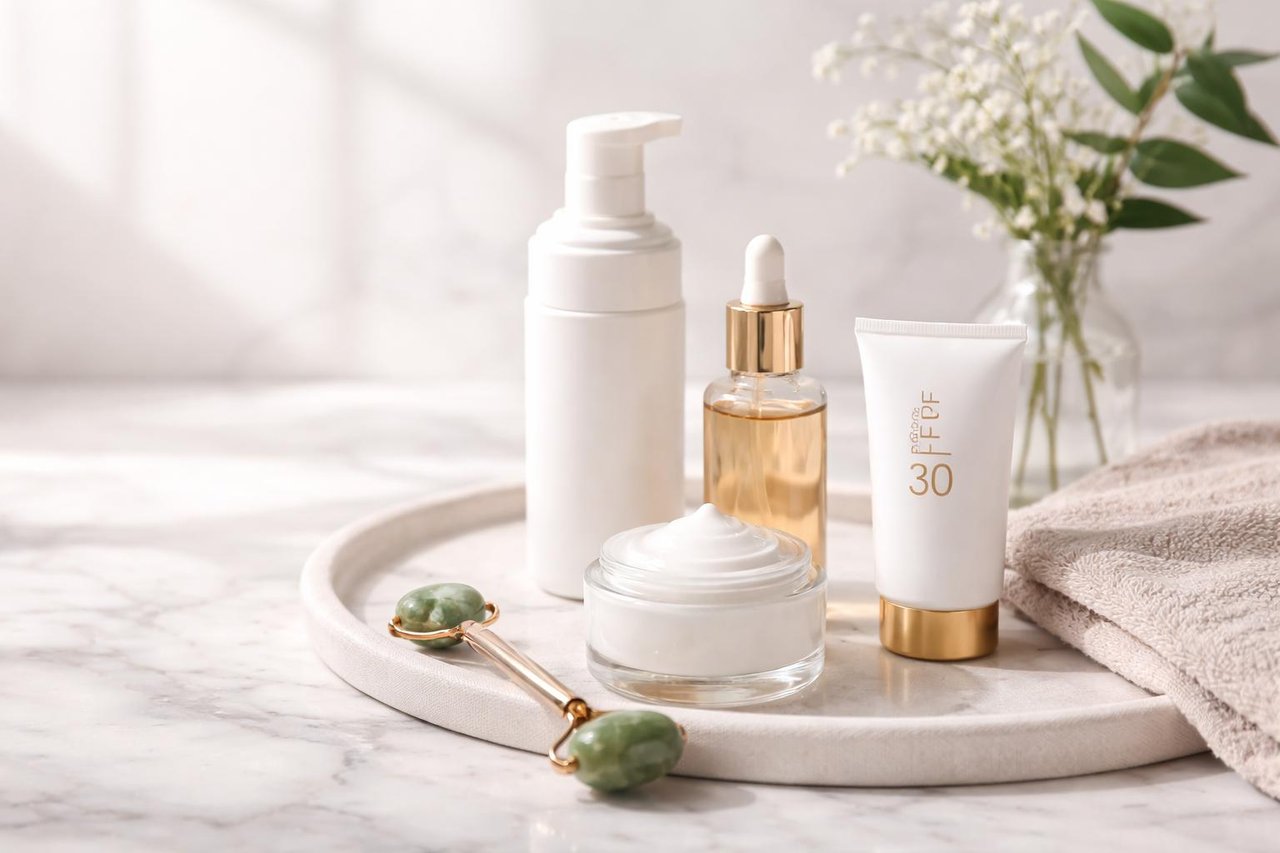 Simple skincare routine with moisturizer and sunscreen to support healthy-looking skin.