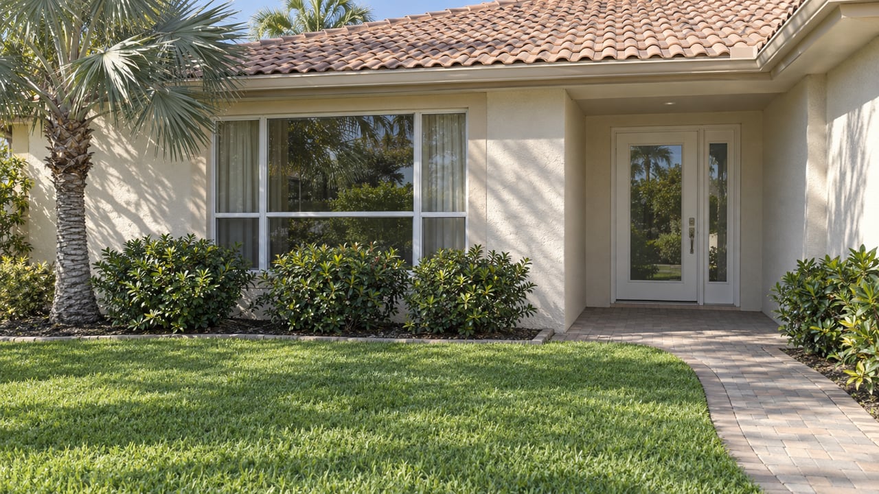 Sunlit ivory stucco villa with a faded tile roof, silver fan palm, deep lawn and a curved paved approach to a recessed glass entrance.