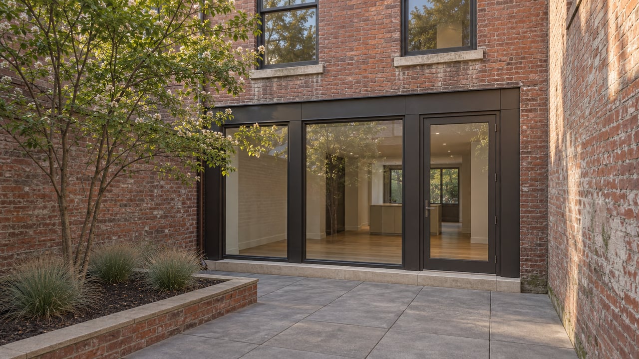 Compact brick townhouse opening onto a paved courtyard with a raised tree bed and dark-framed glass doors.