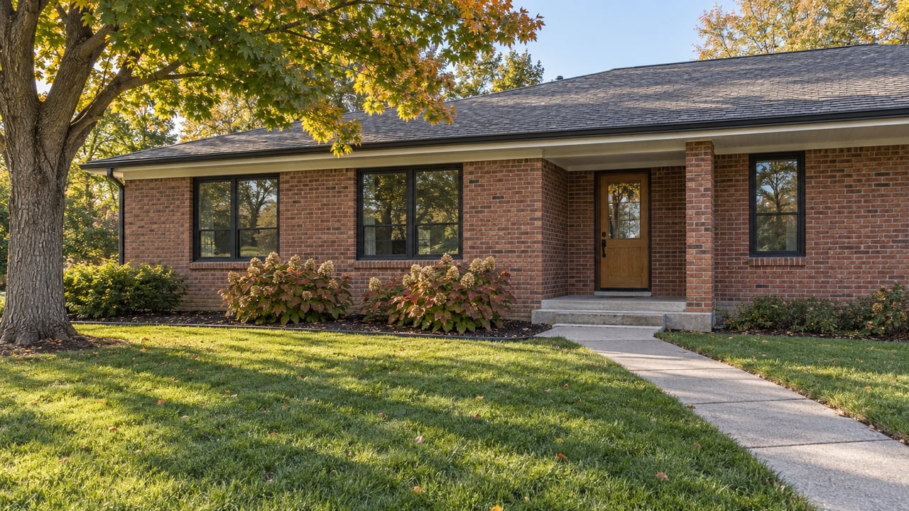 Updated brick ranch with black-framed windows, a recessed wood entry door, deep lawn, and a mature maple in afternoon light.