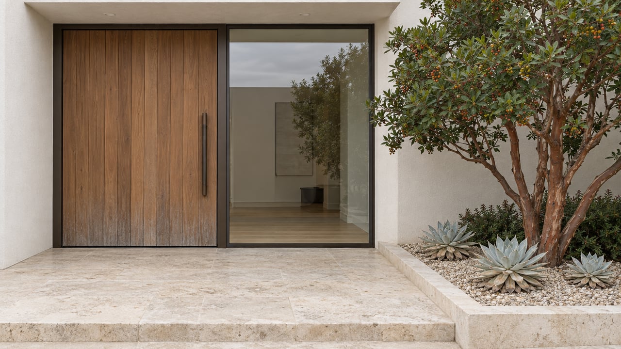 Close view of a contemporary home's cedar entrance, bronze-framed glass and limestone landing beside a strawberry tree and chalky succulent rosettes.