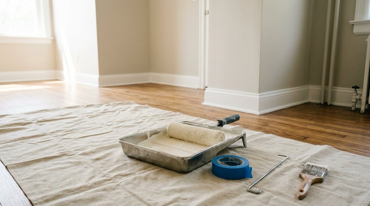 Paint roller, tray and painter's tape in a freshly painted room, repairs to make before selling in Texas