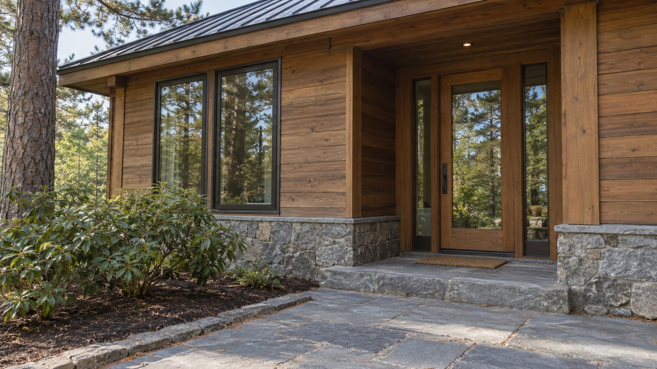 Cedar-clad house entrance with a glazed timber door, bluestone path, fieldstone base, and pine at the edge.