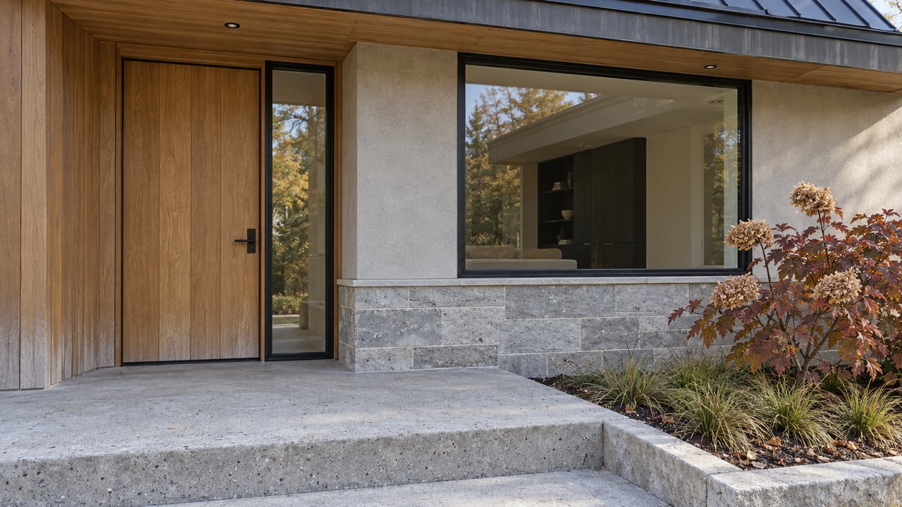 Modern home entrance with a tall wooden door, broad window, stone facade, and autumn plants.