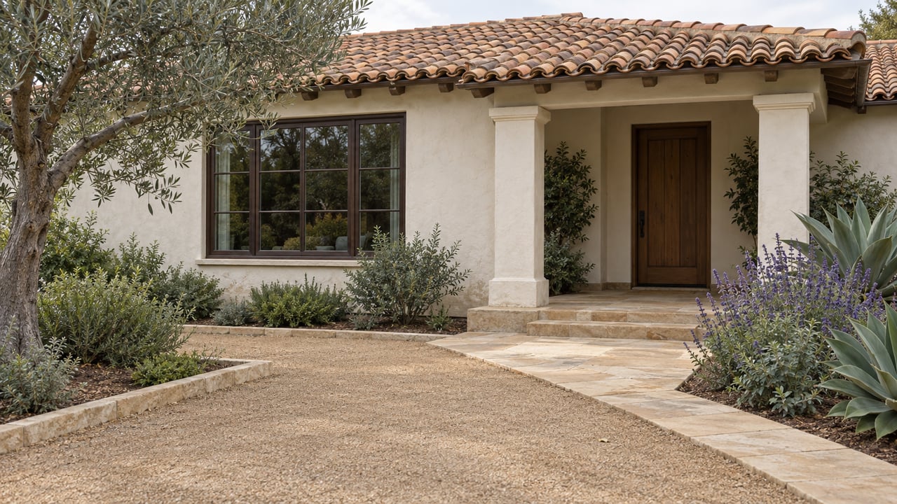 Clay-tile roof and ivory plaster home seen across a stone-bordered garden approach, with a mature olive tree and a recessed timber entry.