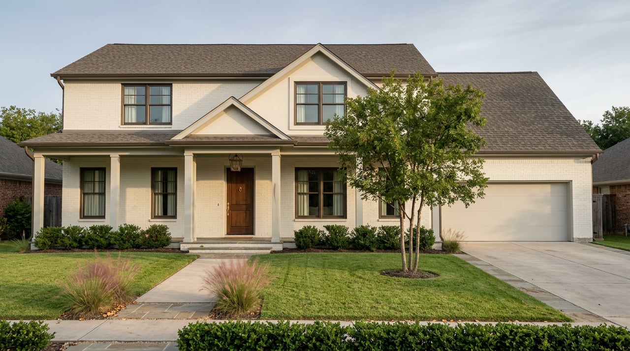 Two-story cream-brick home with a covered entry, flagstone walkway, deep lawn, and pink muhly grass.