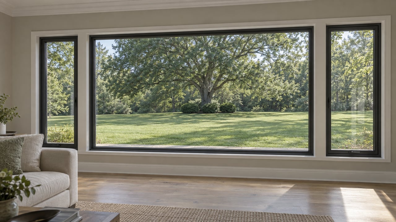 Living room with black-framed windows overlooking a deep lawn and a mature oak tree.