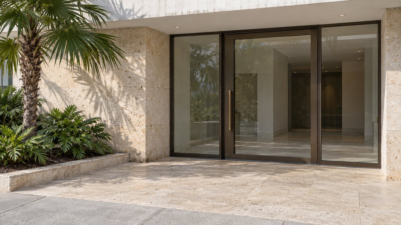 Sunlit limestone and white stucco condominium entrance with bronze-framed glass and a fan palm beside a raised planting bed.