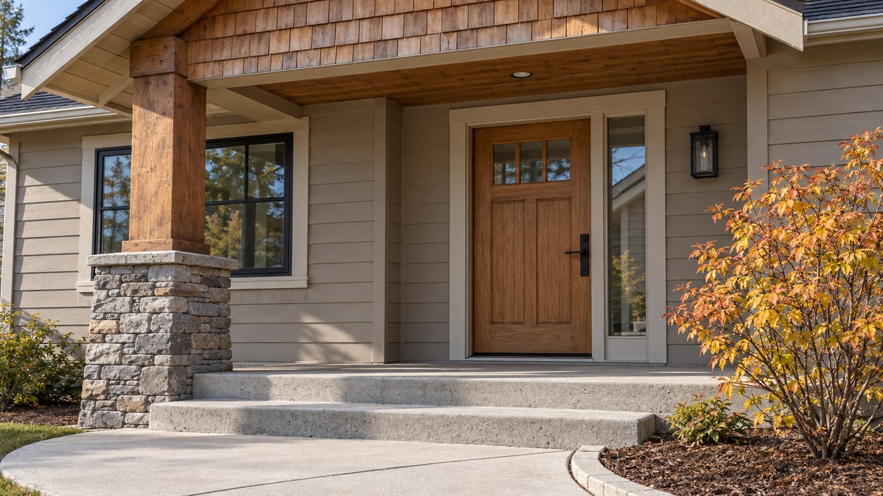 Close autumn view of a home's cedar-accented entry, taupe siding, stacked-stone porch base, and concrete steps beside a copper-yellow maple shrub.