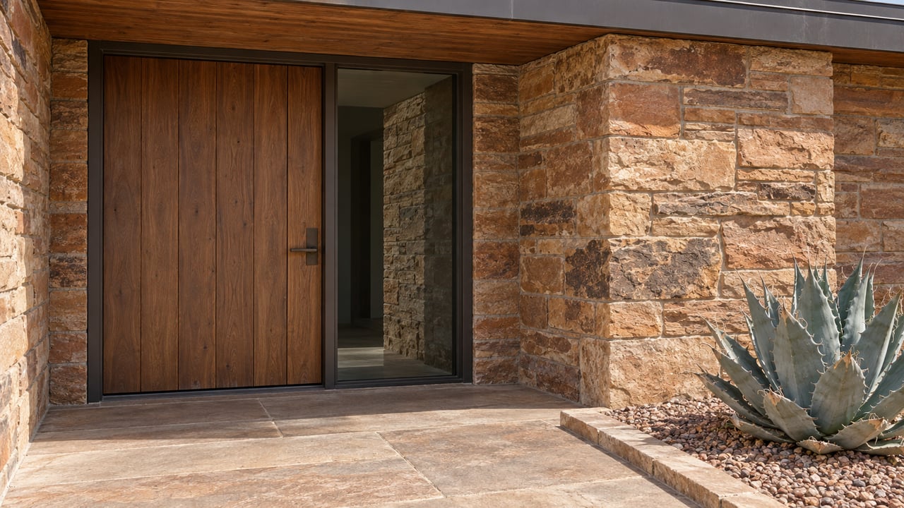 Close view of a wood front door, bronze-framed sidelight and ochre sandstone entry with one blue-gray agave beside the landing.