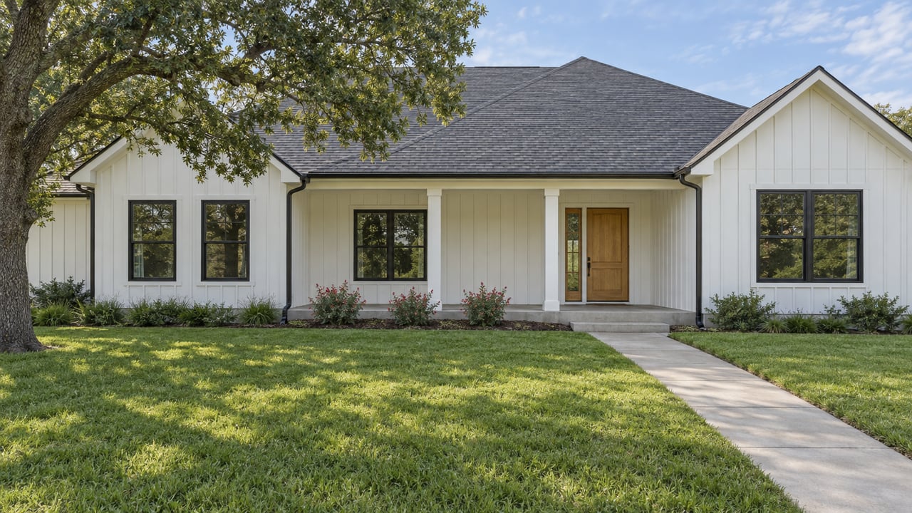 White board-and-batten home with black windows, a shaded front porch, a deep green lawn and one mature spreading oak.