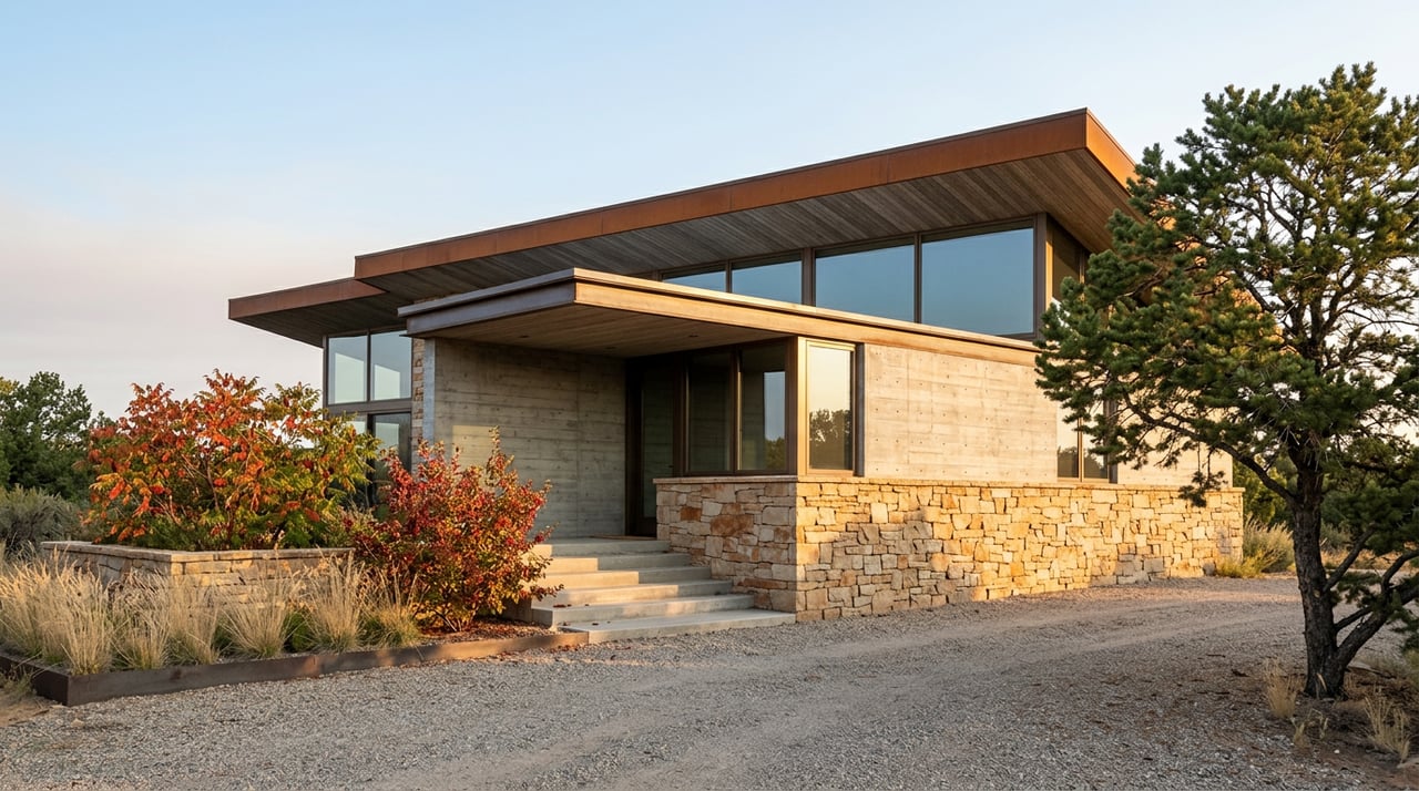 Contemporary home with sandstone and concrete facade, bronze-framed windows, and a pinyon pine beside the gravel drive.