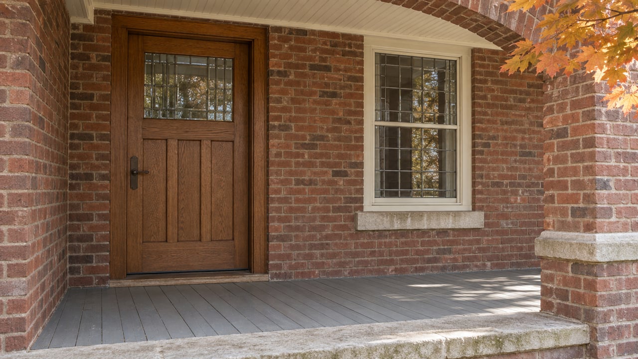 Autumn light falls across a sheltered brick porch with an oak front door, leaded-glass window, and weathered gray floorboards.