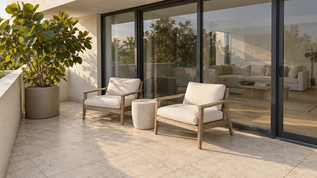 Sunlit covered terrace with teak lounge chairs, pale tile, a sea grape specimen and dark-framed glass enclosing a bright living room.