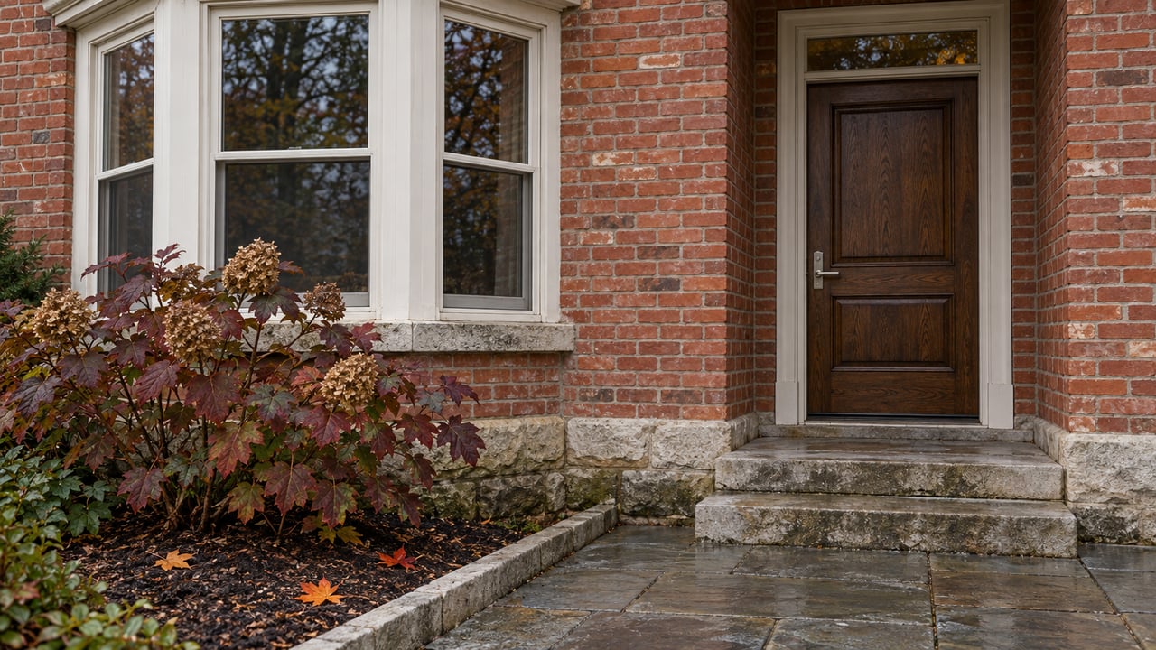 Restored red-brick home with white timber bay windows, a dark oak entrance, limestone steps and burgundy oakleaf hydrangea.