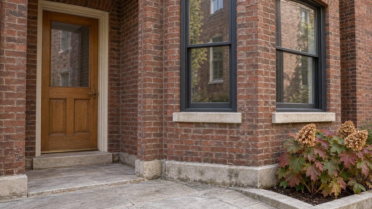 A russet-brick townhouse entrance beside a projecting window bay, with a worn limestone landing and autumn oakleaf hydrangea.