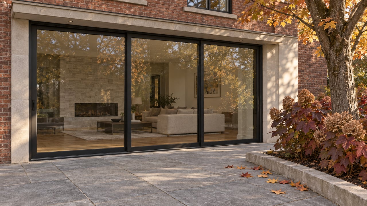 Brick home with black-framed sliding glass doors, a limestone terrace and a mature maple with autumn foliage.