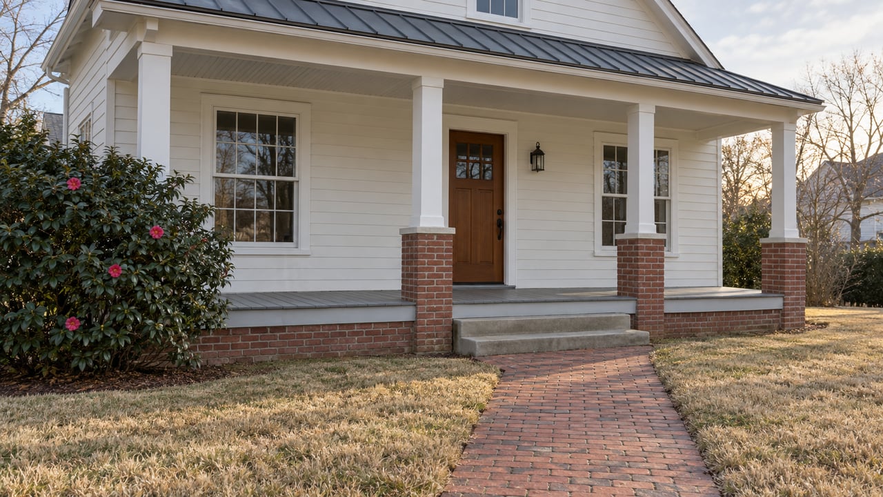 Off-white house with a three-bay porch, brick approach, dormant lawn, and pink camellia blossoms.