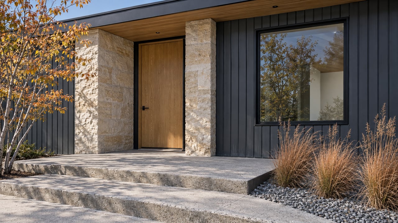 Contemporary home entry with charcoal siding, an oak front door, sandstone surround and autumn planting beside concrete steps.