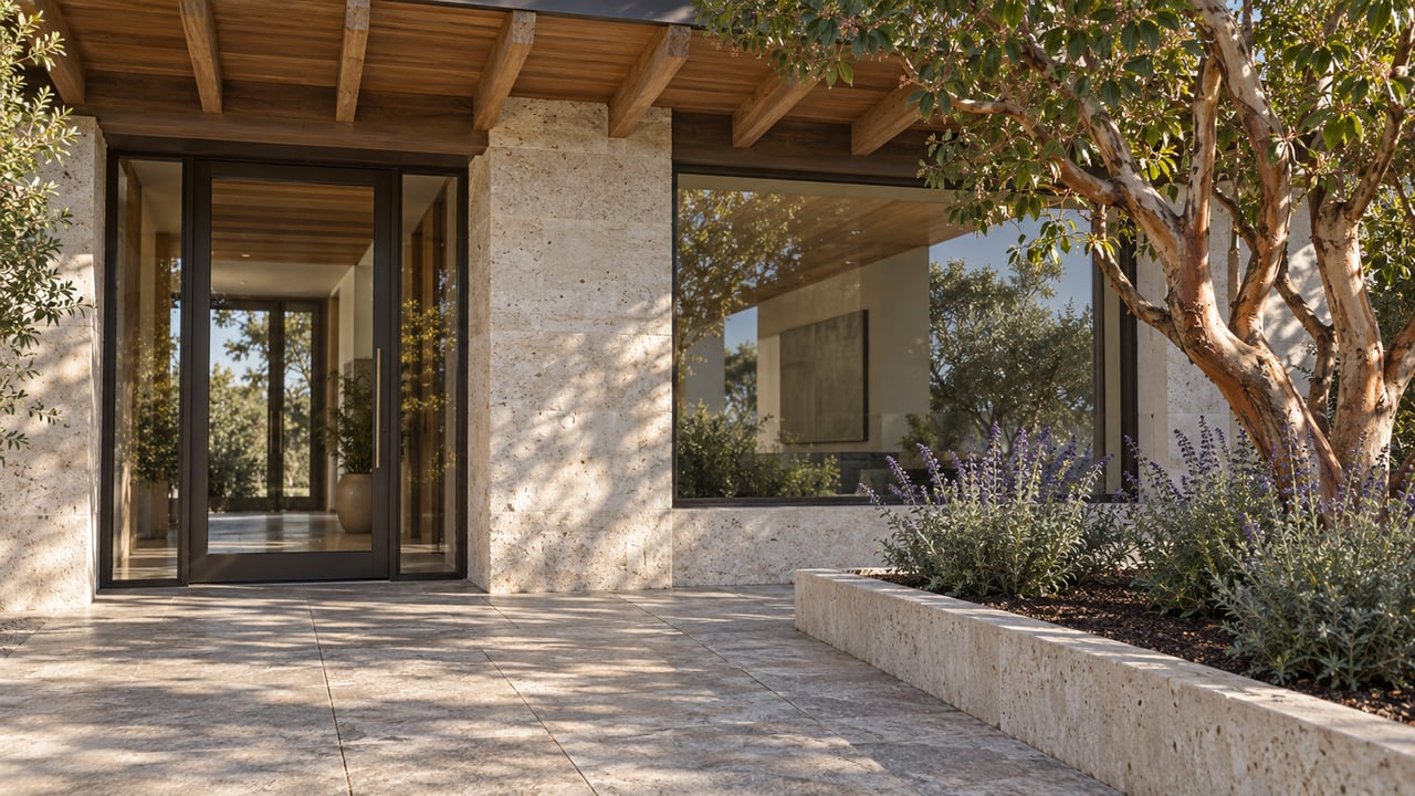 Timber-roofed home entrance with limestone walls, bronze-black framed glass and a strawberry tree in a raised stone planter.
