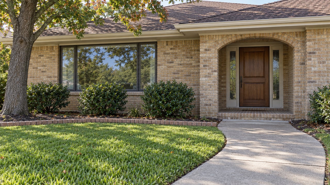 Warm beige brick ranch with an arched oak entry, broad picture window, curved concrete walk and established lawn.