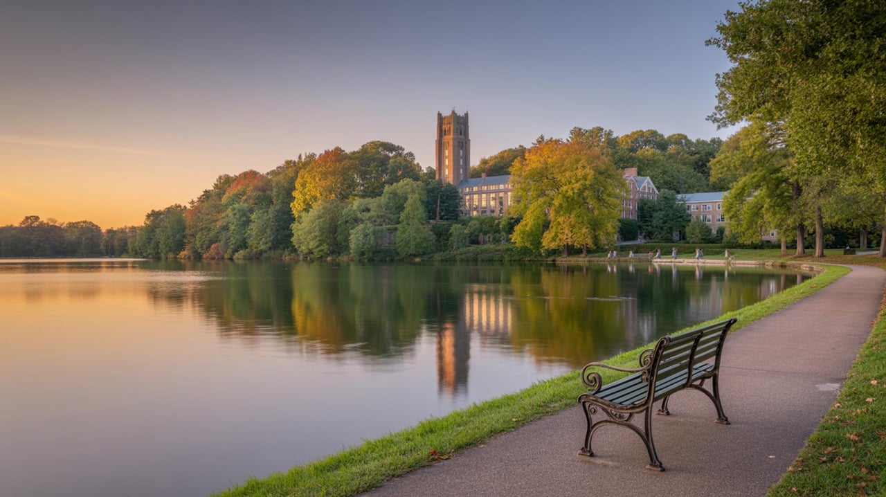 Empty park bench beside a reflective lake, with a tall brick tower rising among autumn trees.