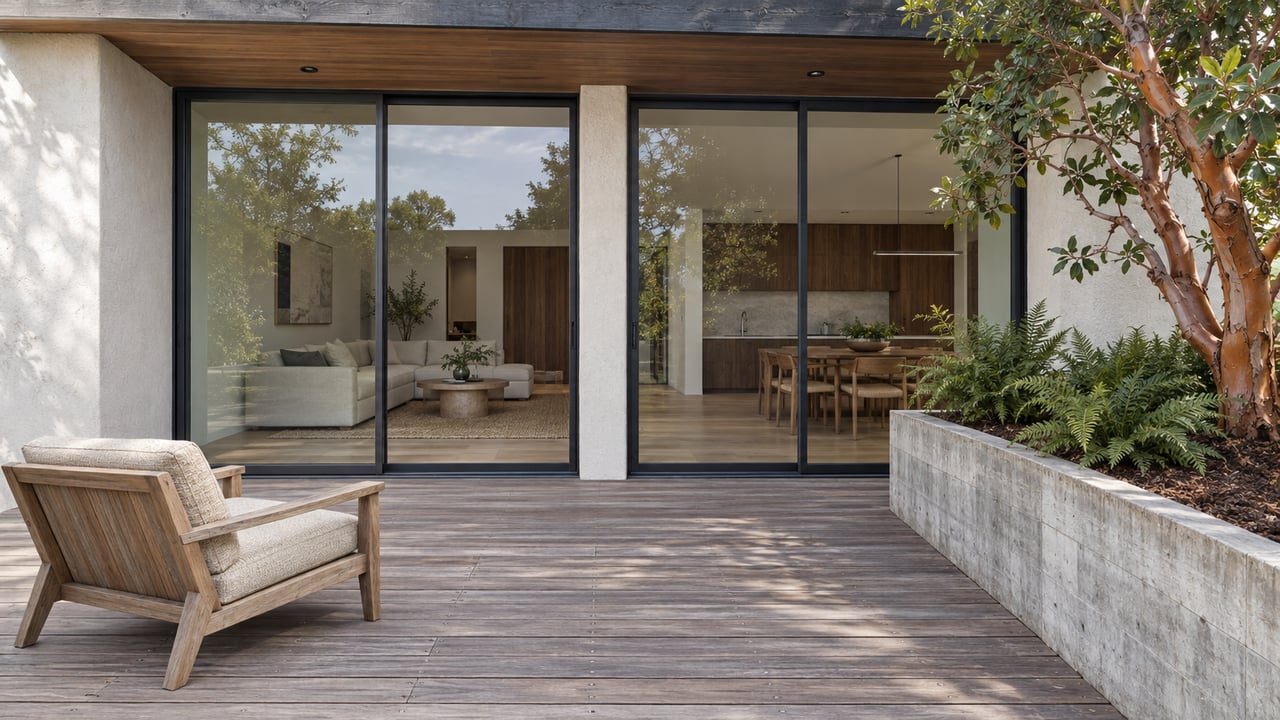Weathered redwood terrace beside a glazed contemporary home, with a teak chair and a concrete planter holding a copper-barked tree and ferns.