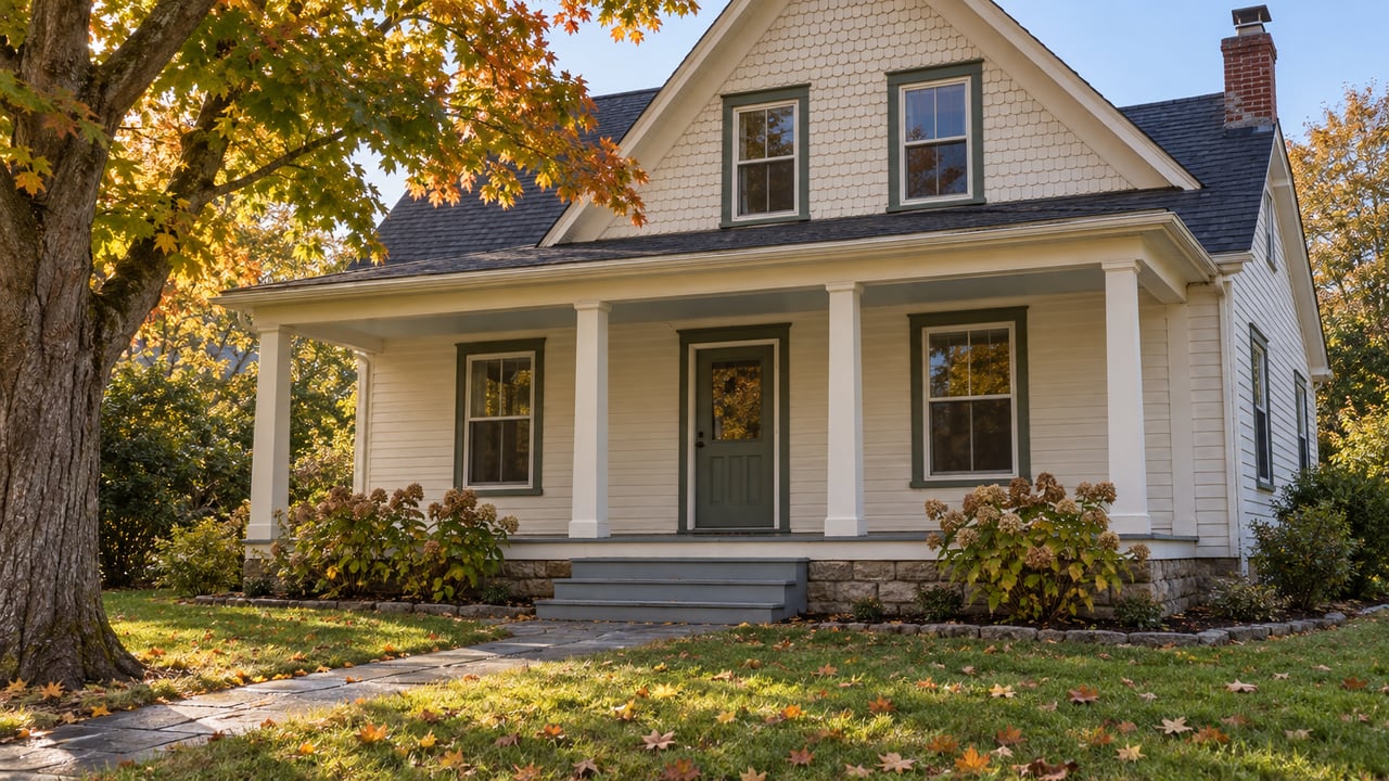 Cream timber cottage with a covered porch, dark-green trim and a golden maple beside a flagstone approach in early autumn.
