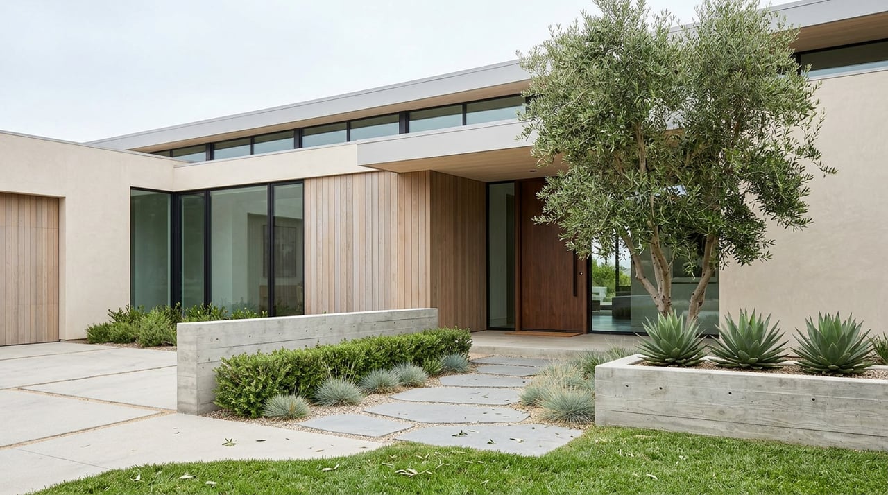 Contemporary coastal home with sand-toned stucco, a recessed wood entry, olive tree, agaves, and stepping-stone path.