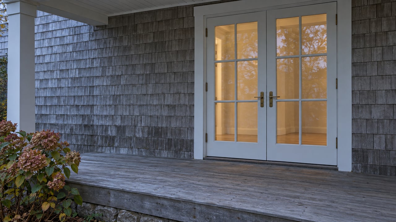 Weathered silver cedar siding and white glazed doors on a covered porch in soft blue-hour light, with faded hydrangea flowers beside the raised deck.