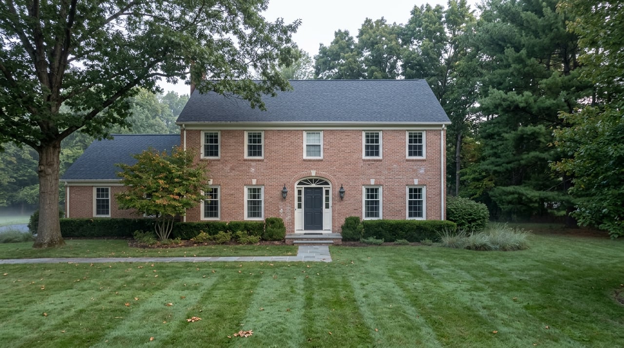 Two-story brick Colonial house beyond a broad lawn, framed by mature trees and clipped foundation hedges.
