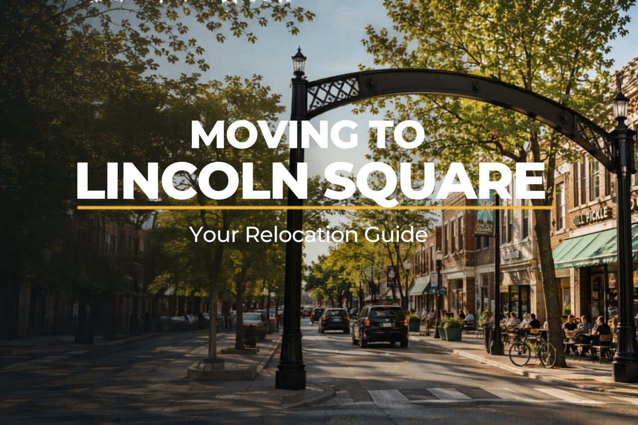 Lincoln Avenue street scene in Lincoln Square Chicago in spring with trees and shops