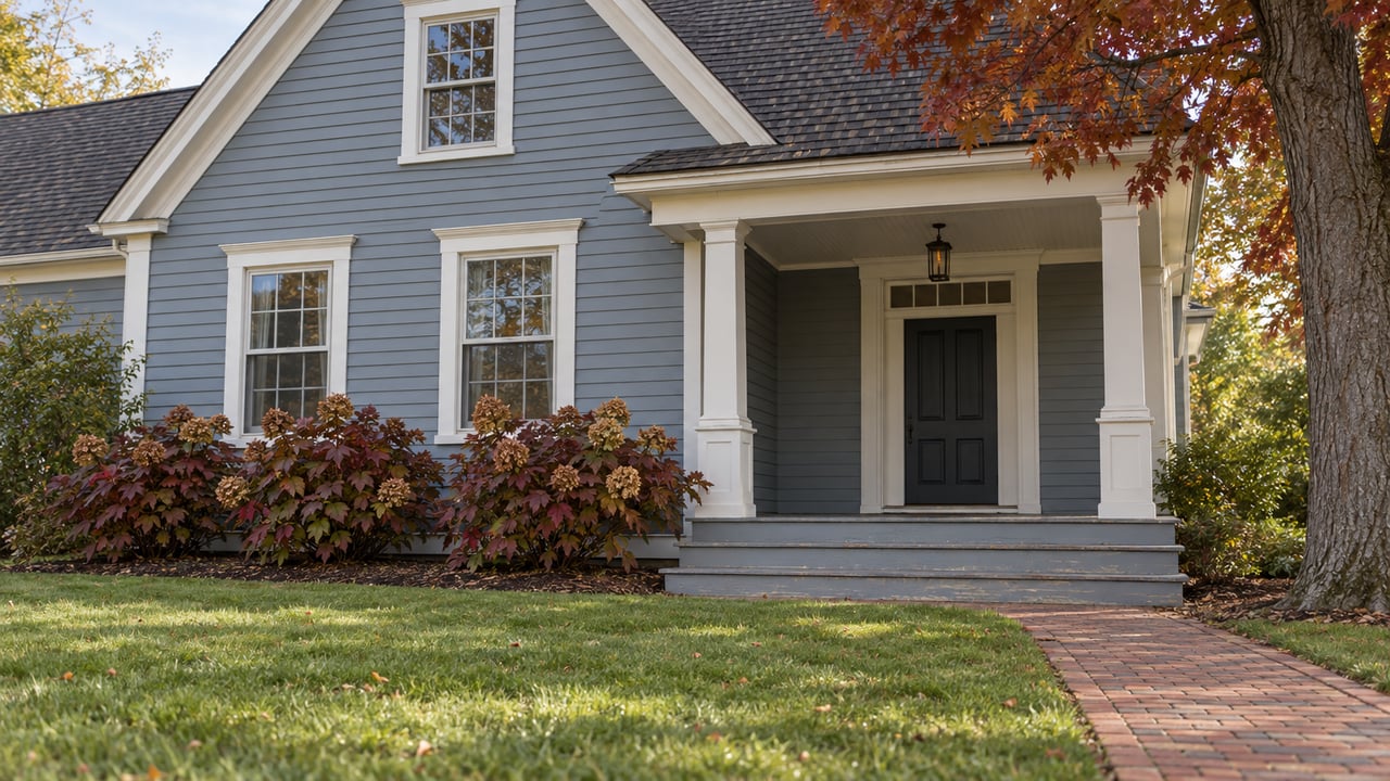 Blue-gray clapboard home with white porch columns, a brick approach and autumn oakleaf hydrangeas beside the front lawn.