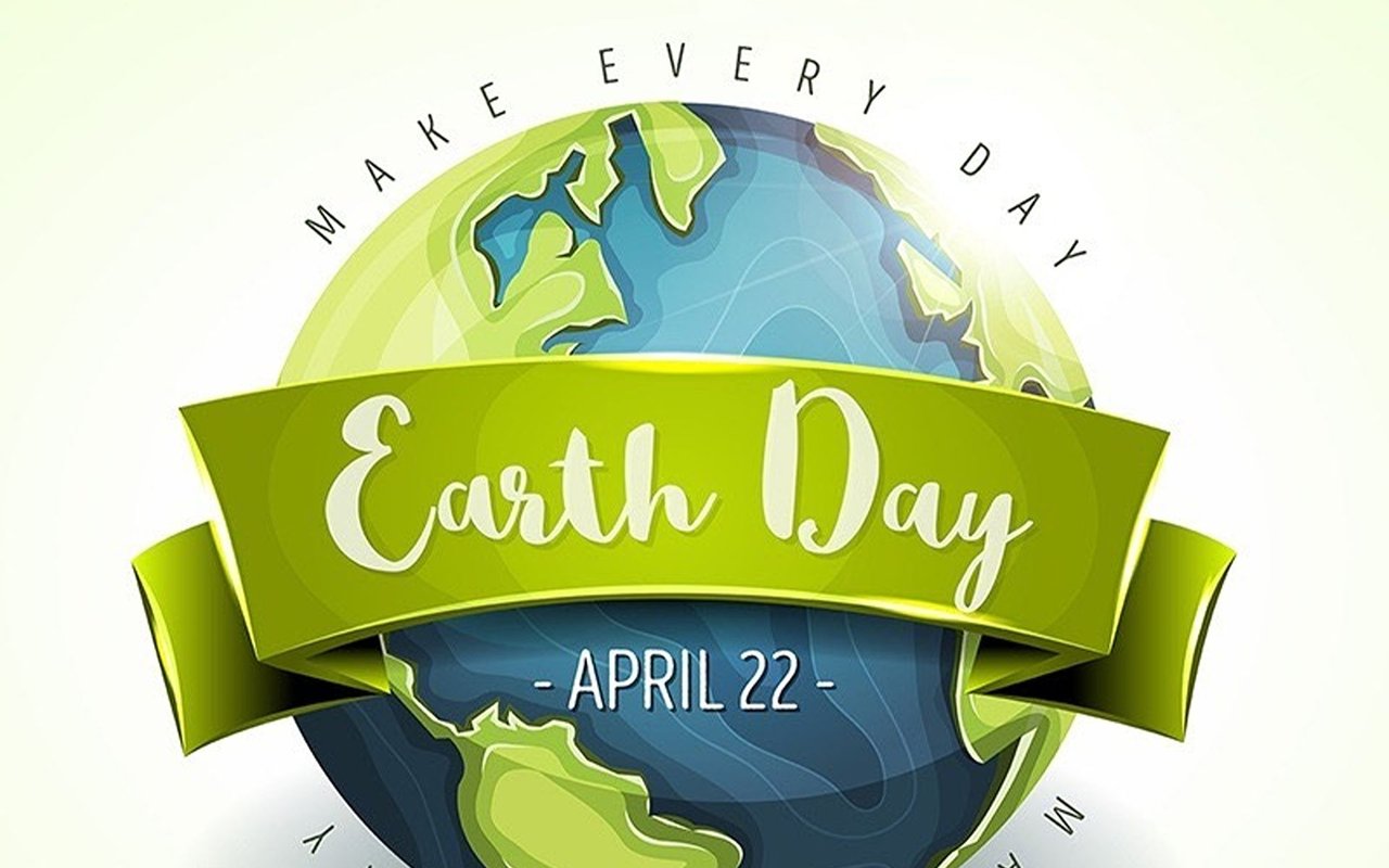 Earth Day graphic with a green ribbon across an illustrated globe and the date April 22.