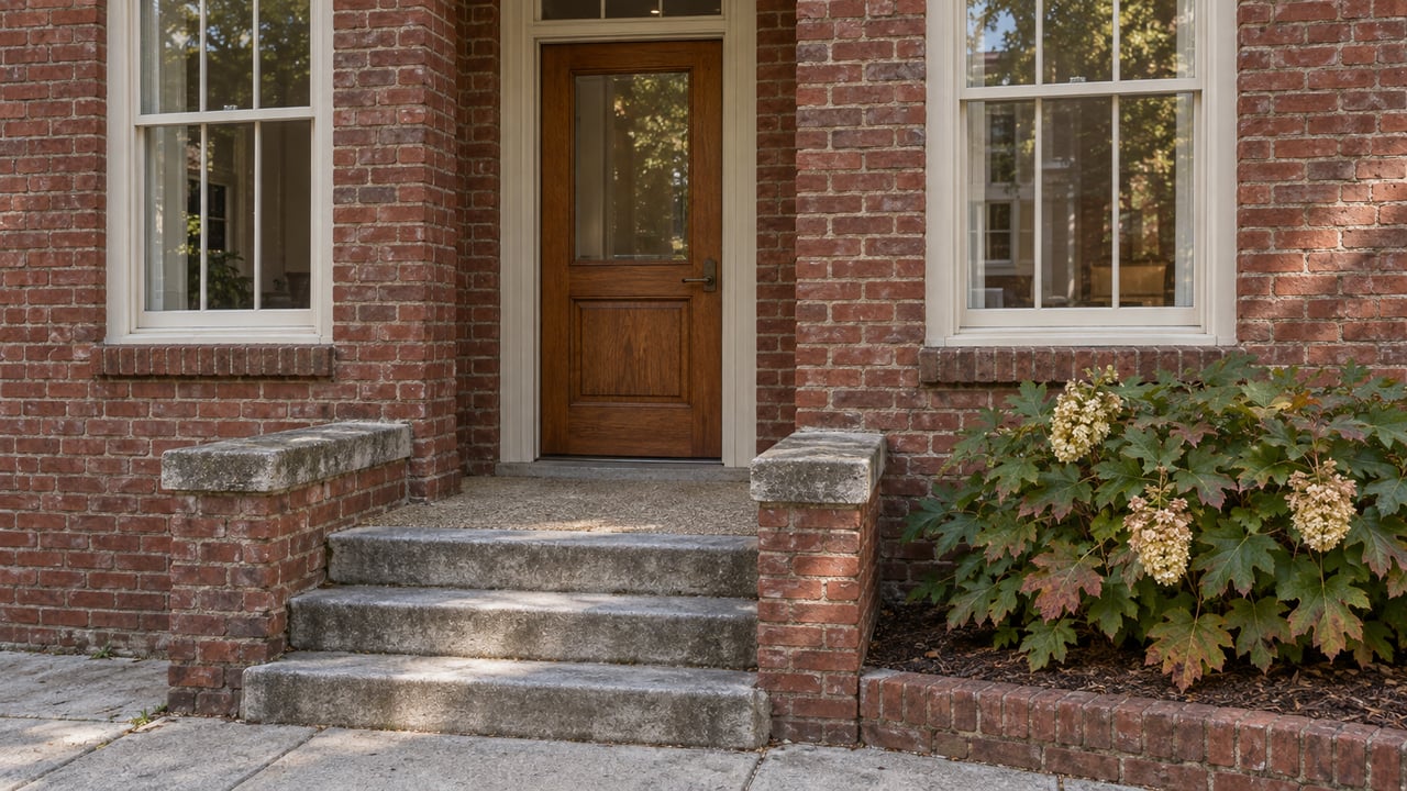 Weathered red-brick townhouse entrance with an oak door, cream sash windows, limestone steps and an oakleaf hydrangea.