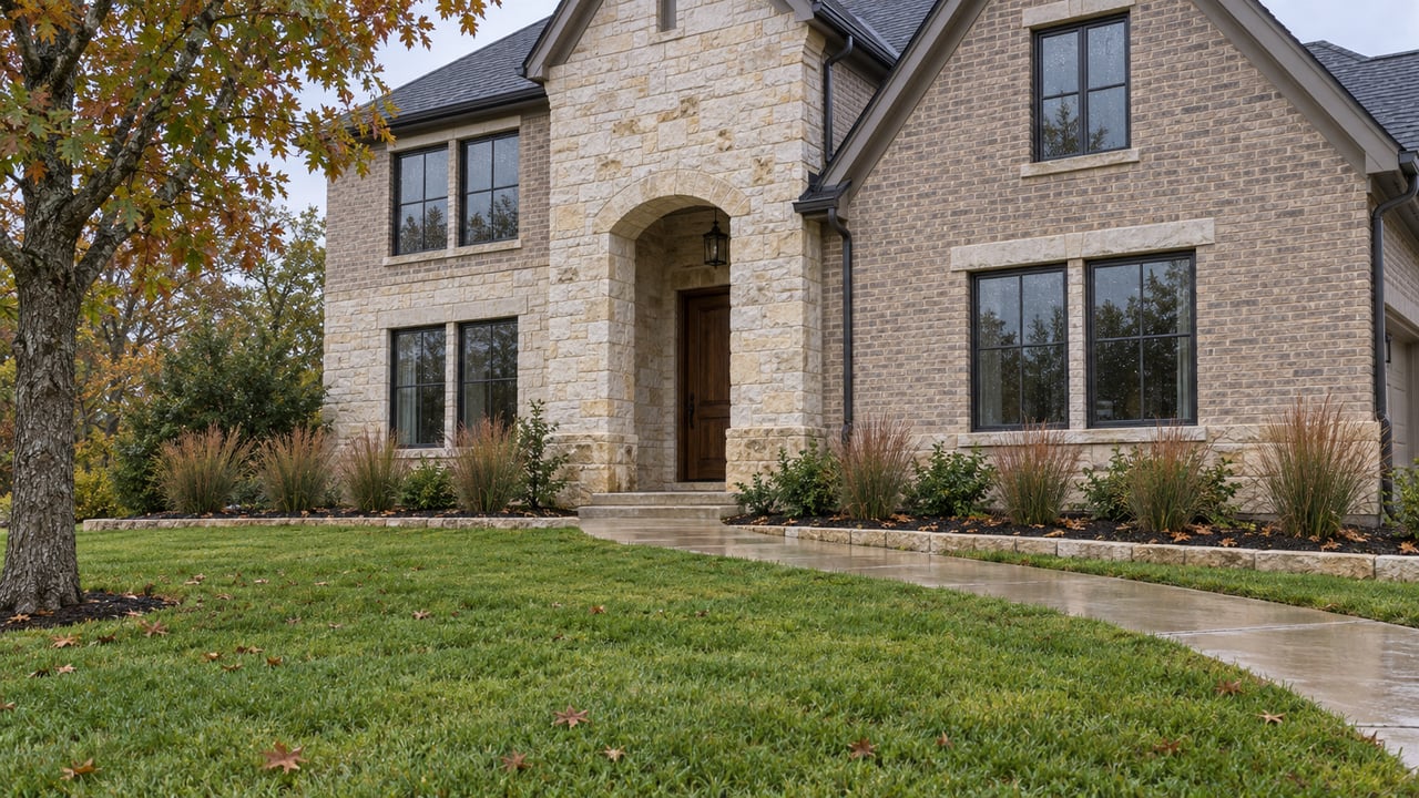 Rain-damp lawn and concrete approach leading to a limestone arched entry on a two-story brick home with dark-framed windows and autumn grasses.