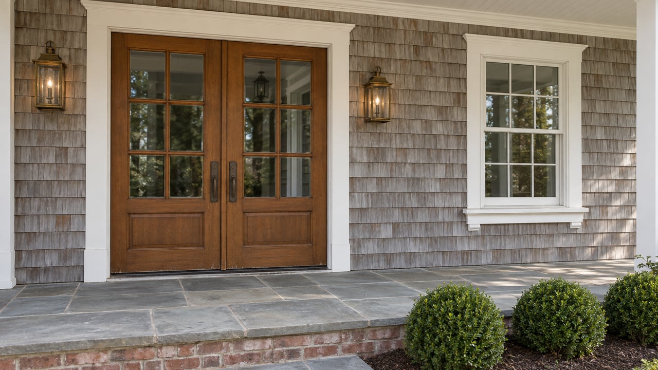 Paired wood-and-glass entry doors beneath a white porch soffit, with gray cedar shingles, brass lanterns, a bluestone landing, and three clipped boxwoods.