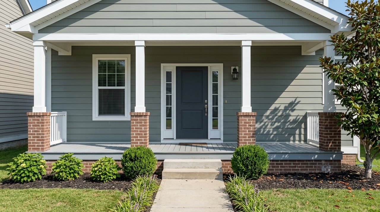 Two-story gable-front house with a covered porch, centered steps, and front entry.