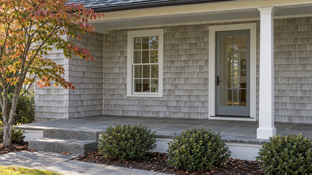 Weathered cedar-shingle porch with a multipane window, glazed door, bluestone steps, and rounded shrubs.