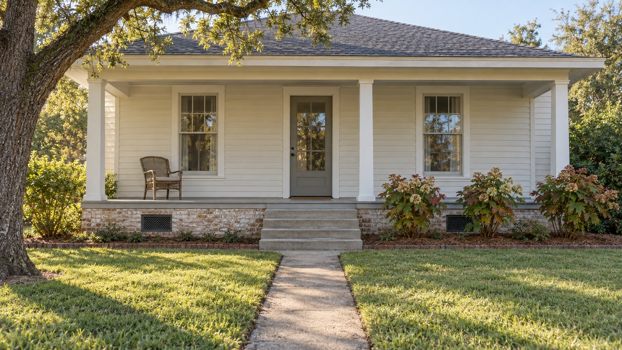 Cream-painted raised cottage with a broad front porch, tall windows and a deep lawn shaded by a mature live oak.