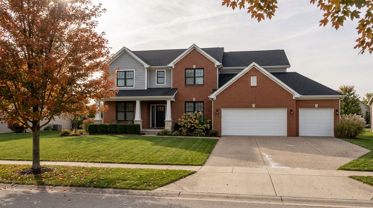 Two-story brick-and-gray house with a three-car garage, orange-red maple, and scattered leaves across the lawn.