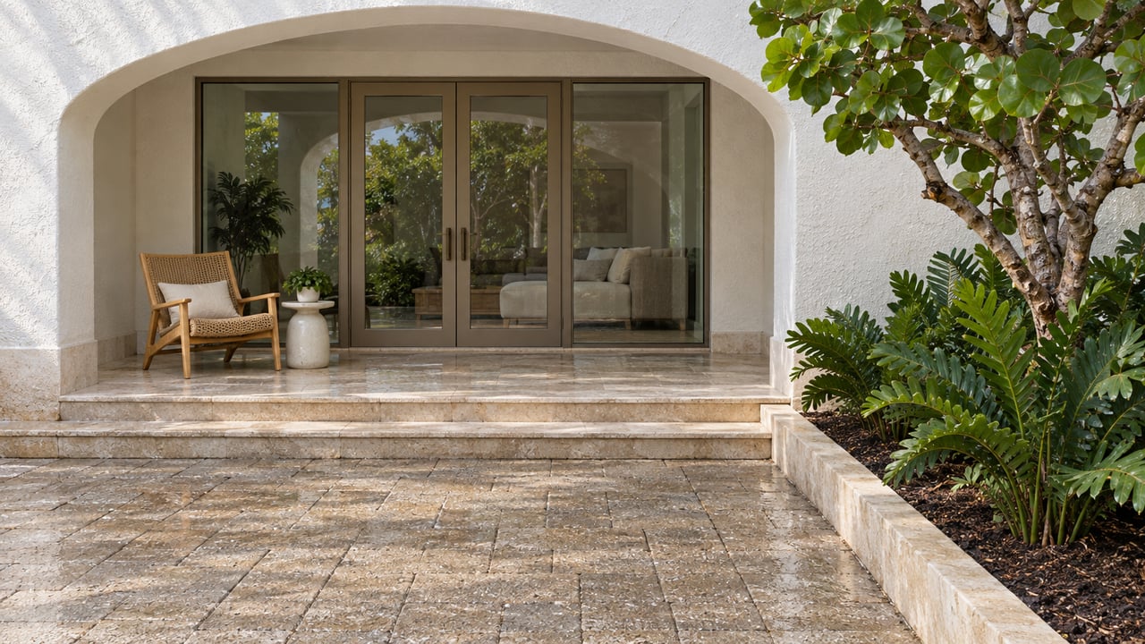 White stucco condominium courtyard with an arched covered terrace, pale stone steps, bronze-framed glass doors and a sculptural sea grape tree.