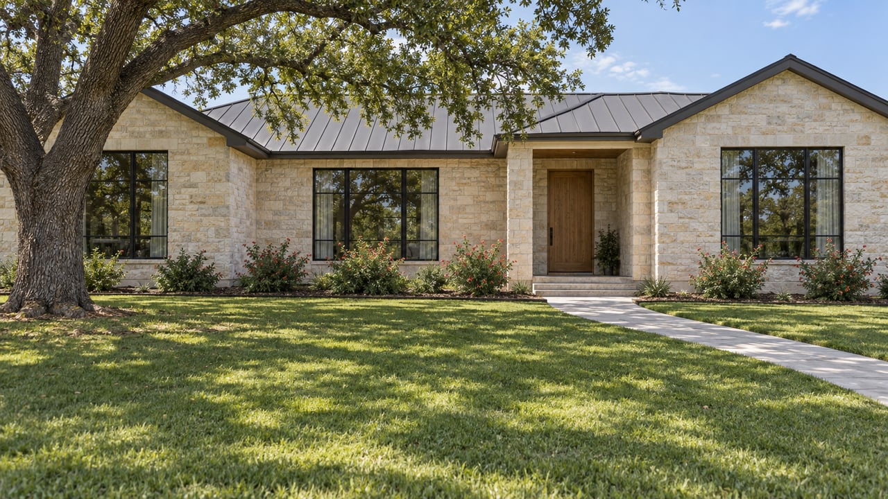 Single-story limestone home behind a deep lawn, with black-framed windows, a recessed oak front door and a mature spreading oak tree.