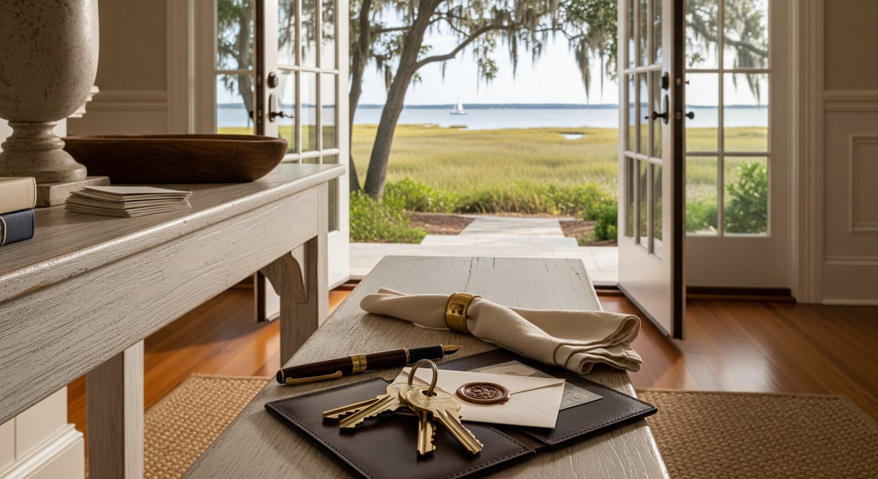 Keys, papers, and a rolled document rest on a table before open doors overlooking marsh grass and water.