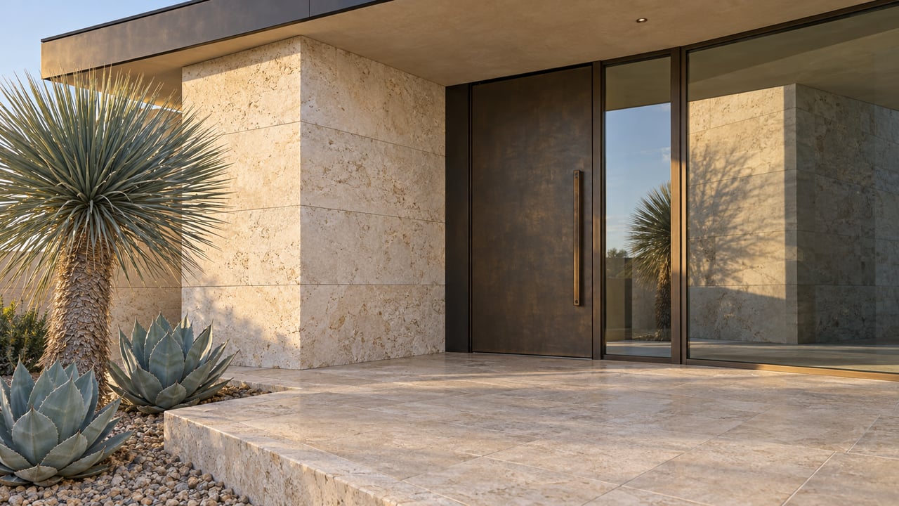 Morning sunlight grazes a limestone entry pier beside a bronze door, tall glazing and a lowered gravel bed with a beaked yucca and two agaves.