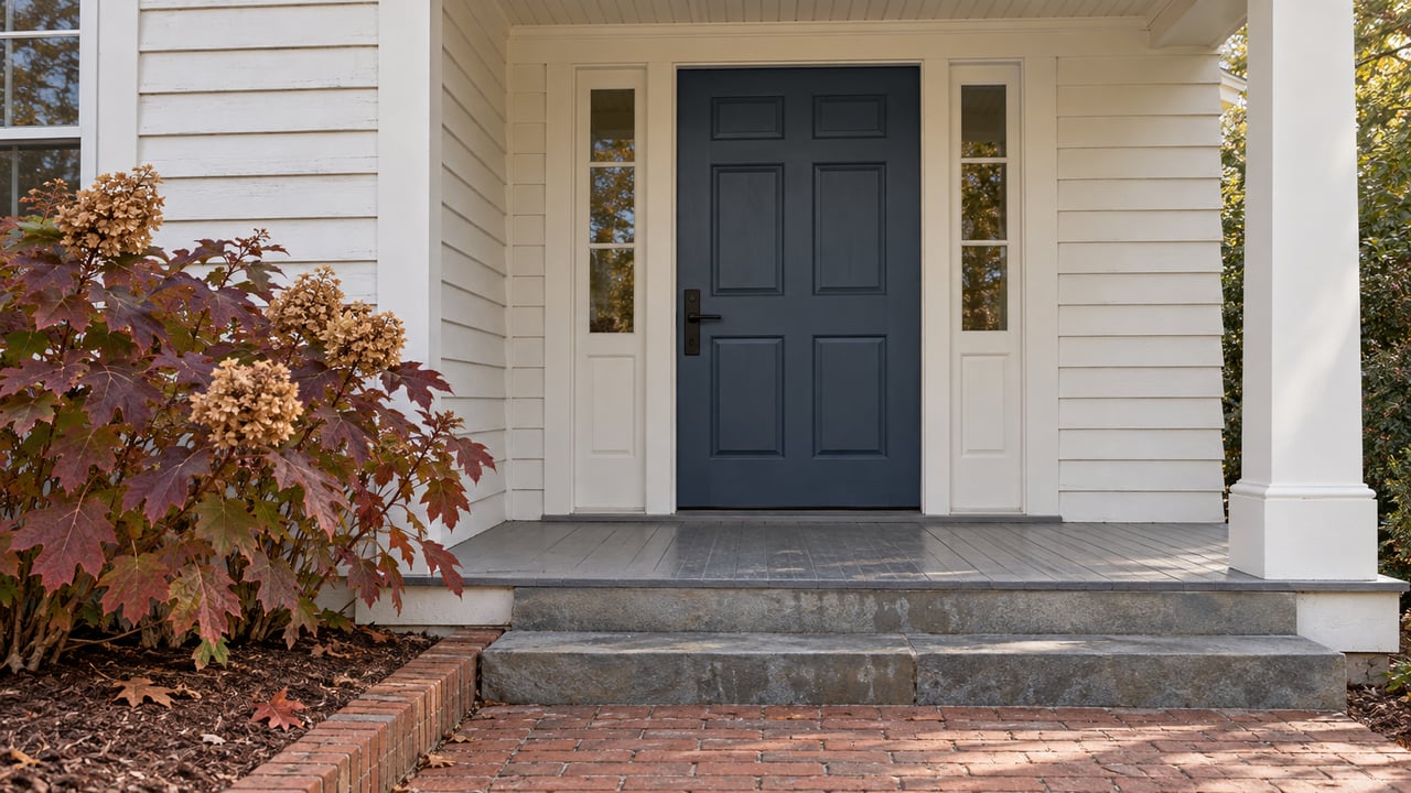 Traditional home's blue front door with glazed sidelights, painted clapboard, worn bluestone steps and burgundy oakleaf hydrangea.