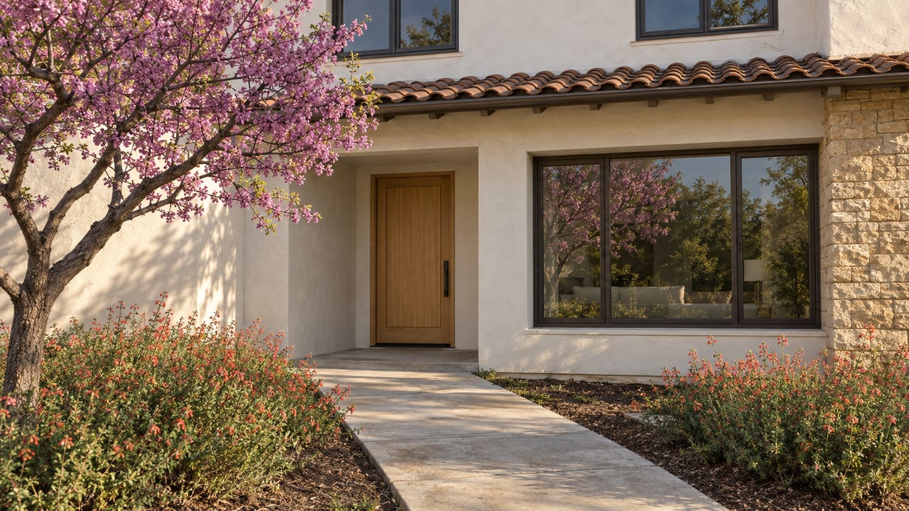 Stucco house with a recessed oak entry, stone pier, and concrete path through a redbud and coral-flowered garden.