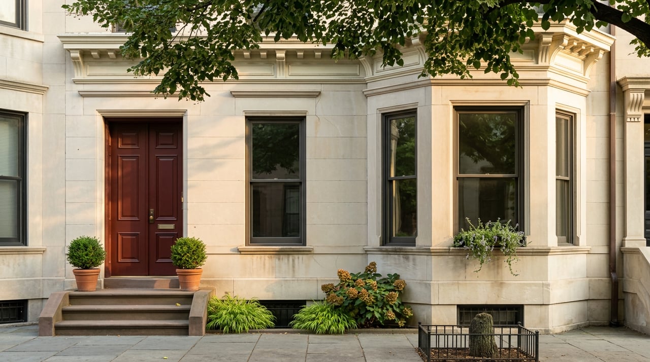 Limestone row house beneath leafy canopy, with an oxblood door and parlor bay window.