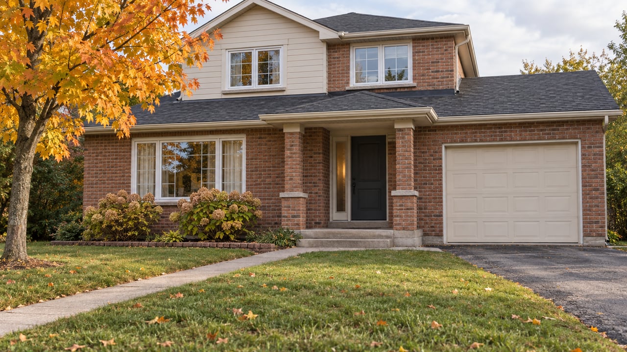 Two-storey brick home behind a deep autumn lawn, with a concrete entry walk and orange-leaved maple.