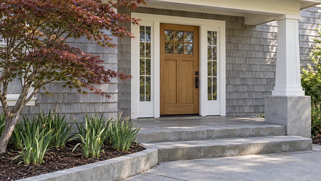 Gray shingle home with a covered oak entry, white trim, concrete steps and a Japanese maple beside a planted approach.